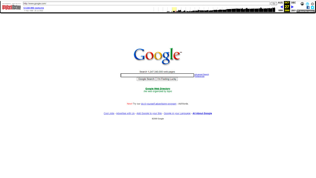 screenshot da wayback machine di Google - ottobre 2000